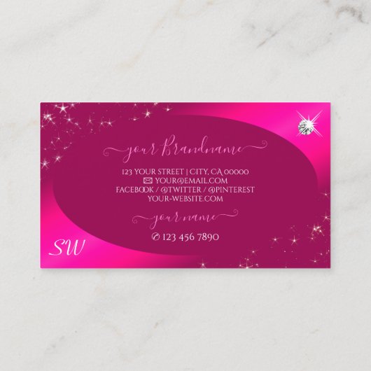 Luxury Girly Pink Glitter Stars Diamonds Initialen Visitekaartje (Achterkant)