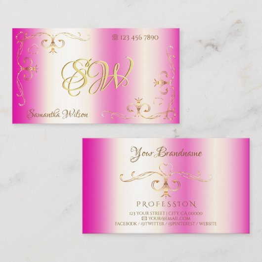 Luxury Girly Pink Gold  Corner met Initialen Visitekaartje (Voorkant / Achterkant)