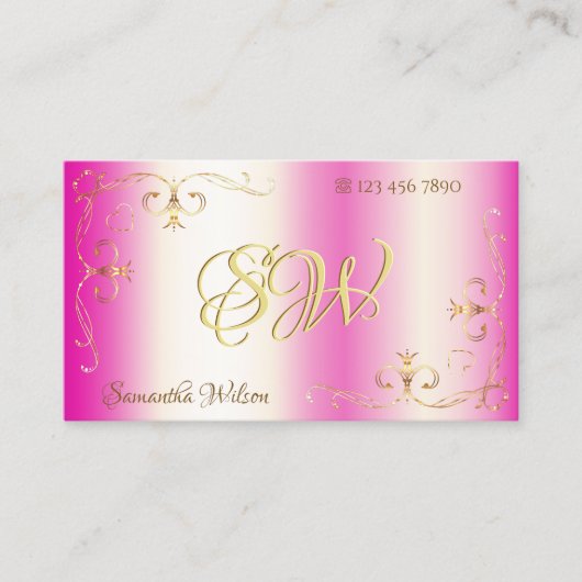 Luxury Girly Pink Gold Corner met Initialen Visitekaartje (Voorkant)