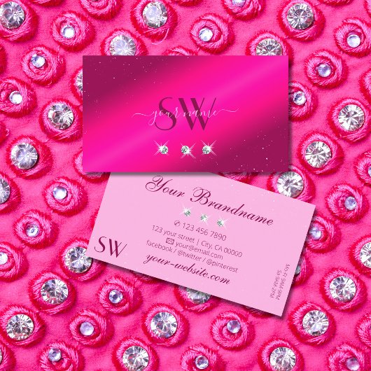 Luxury Girly Pink Sparkle Stars Diamonds Monogram Visitekaartje