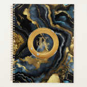 Luxury Glam Black Blue Gold Agate Marble Monogram Planner (Voorkant)