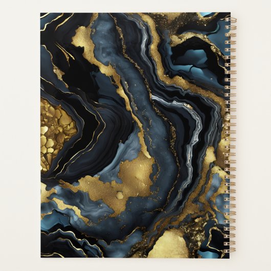 Luxury Glam Black Blue Gold Agate Marble Monogram Planner (Achterkant)