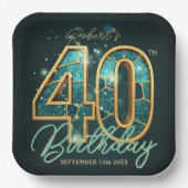 Luxury Glam Teal Gold Agate 40th Birthday Party Papieren Bordje (Voorkant)