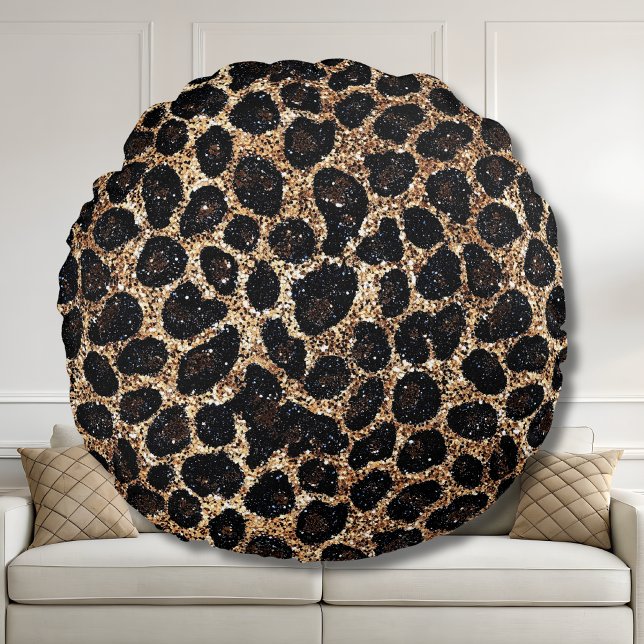 Luxury Glitter Gold Brown Black Leopard Pattern Rond Kussen (Creator heeft geüpload)