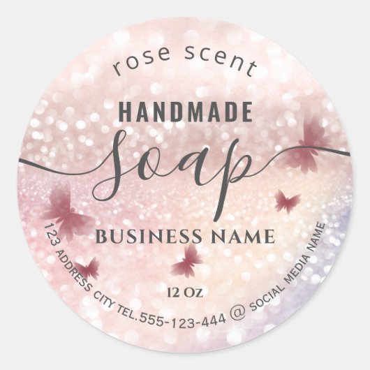 Luxury glittery romantic butterfly soap ronde sticker (Voorkant)