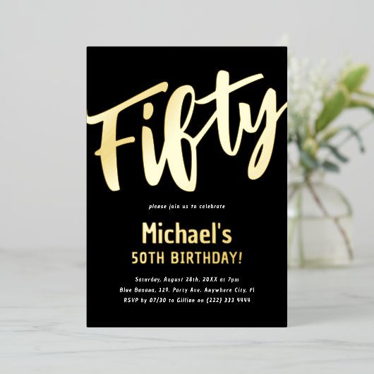 Luxury Gold '50' volwassen mijlpaal 50e verjaardag Folie Uitnodiging (Staand Voorkant)