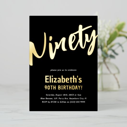 Luxury Gold '90 Volwassenenmijlpaal 90e verjaardag Folie Uitnodiging (Staand Voorkant)