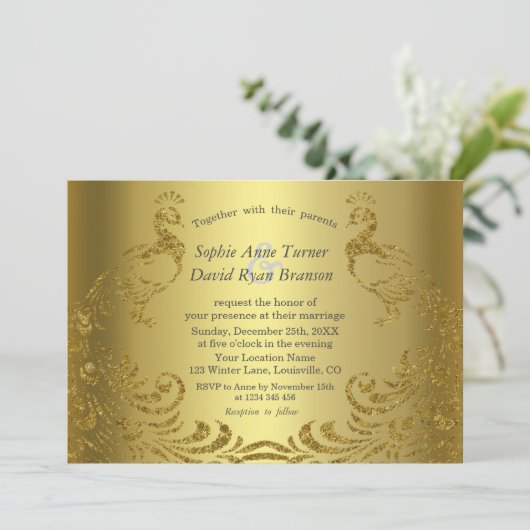 Luxury Gold Abstract Peacock Wedding Kaart (Staand voorkant)