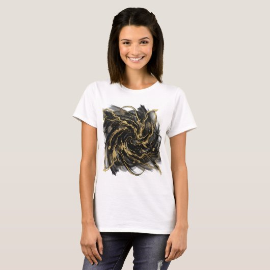 Luxury Gold and Black Abstract Marble Ink Flow T-shirt (Voorkant volledig)