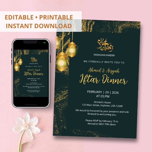 Luxury Gold and Dark Emerald Iftar Dinner Kaart