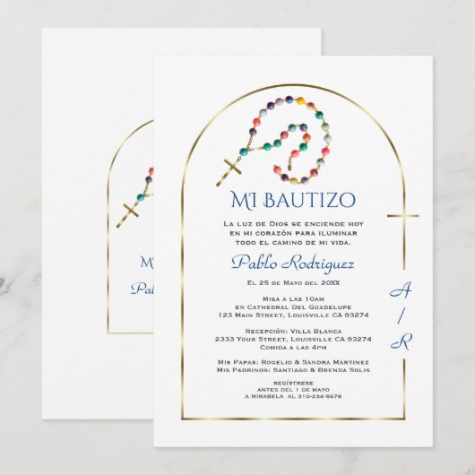 Luxury Gold Arch Rosary Boy Monogram Bautizo Kaart (Voorkant / Achterkant)