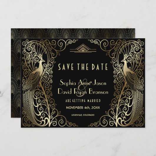 Luxury Gold Art Deco Peacocks bespaart de datum Save The Date (Voorkant / Achterkant)