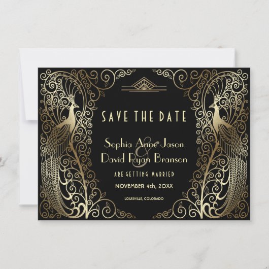 Luxury Gold Art Deco Peacocks bespaart de datum Save The Date (Voorkant)