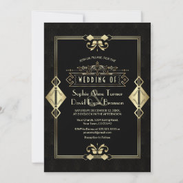 Luxury Gold Black Art Deco Fleur-de-Lis Wedding Kaart