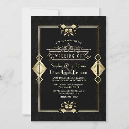 Luxury Gold Black Art Deco Fleur-de-Lis Wedding Kaart (Voorkant)