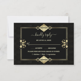 Luxury Gold Black Art Deco Fleur-de-Lis Wedding RSVP Kaartje