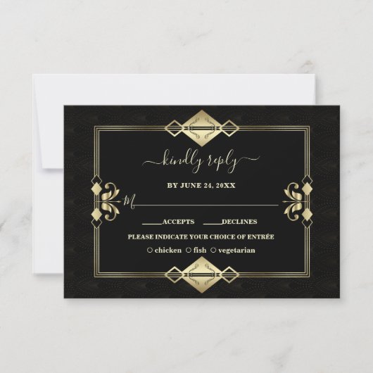 Luxury Gold Black Art Deco Fleur-de-Lis Wedding RSVP Kaartje (Voorkant)