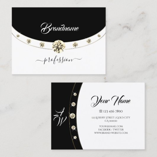 Luxury Gold Black en White Monogram Faux Diamonds Visitekaartje (Voorkant / Achterkant)