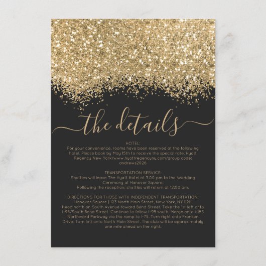 Luxury Gold Black Glitter Confetti Weddenschap - G Informatiekaartje (Voorkant)