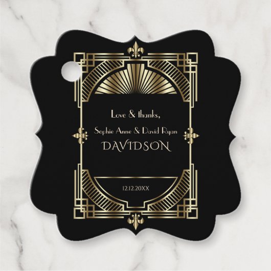 Luxury Gold Black Great Gatsby Roaring 20s bruilof Bedankjes Labels (Voorkant)