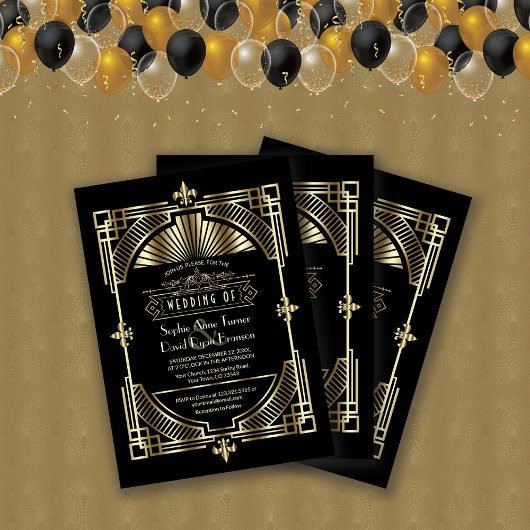 Luxury Gold Black Great Gatsby Roaring 20s bruilof Kaart