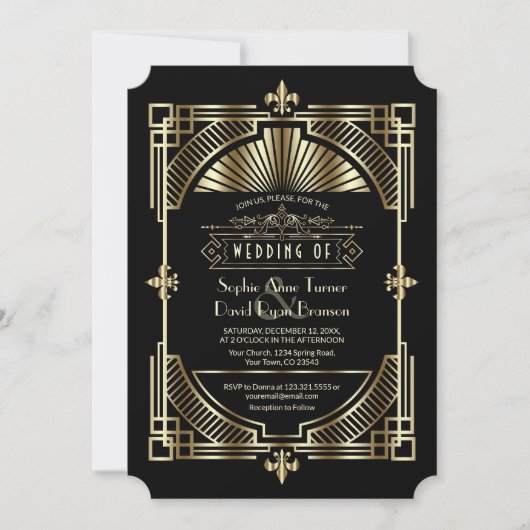 Luxury Gold Black Great Gatsby Roaring 20s bruilof Kaart (Voorkant)