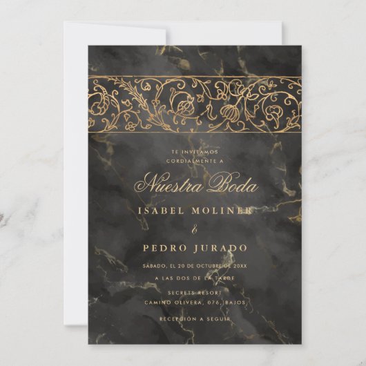 Luxury Gold Black Marble Nuestra Boda Wedding Kaart (Voorkant)