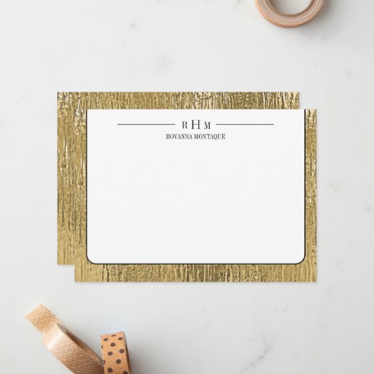 Luxury Gold Black Texture Lined Name Three Initial Notitiekaartje (Voorkant / Achterkant in situ)