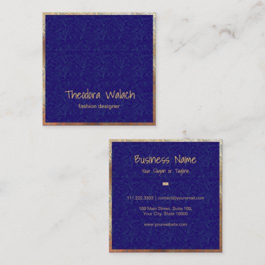 Luxury Gold Blue Floral Professional Vierkante Visitekaartje (Voorkant / Achterkant)