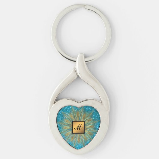 Luxury Gold Blue Glitter Monogrammed Gift Sleutelhanger (Voorkant)