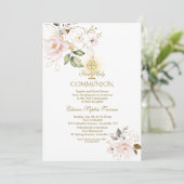 Luxury Gold Blush Flowers First Heilige Communie Kaart (Staand voorkant)