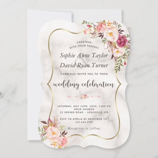 Luxury Gold Blush Pink Floral Marble Wedding Kaart (Voorkant)