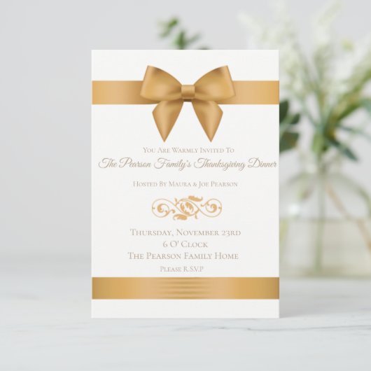 Luxury Gold Bow Thanksgiving Dinner Invitations Kaart (Staand voorkant)