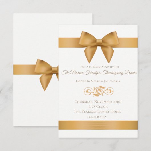 Luxury Gold Bow Thanksgiving Dinner Invitations Kaart (Voorkant / Achterkant)
