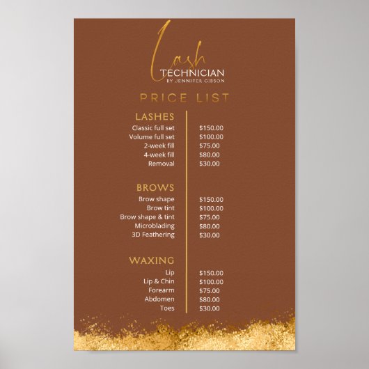 Luxury Gold & Brown Lash Tech Price List  Poster (Voorkant)