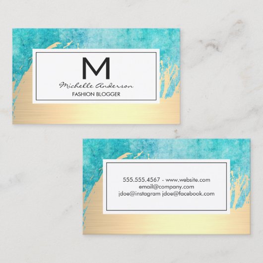 Luxury Gold Brushed Blue Waterverf met monogram Visitekaartje (Voorkant / Achterkant)