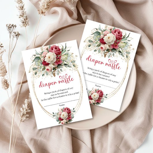 Luxury Gold Burgundy Floral Diaper Raffle Insert Informatiekaartje