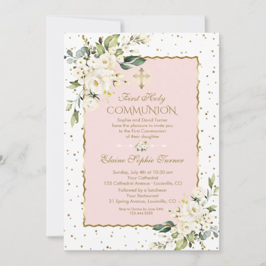 Luxury Gold Confetti White Floral Heilige Communie Kaart (Voorkant)