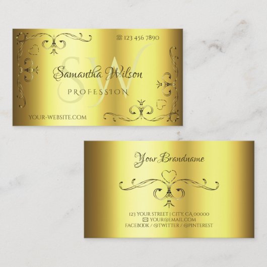Luxury Gold Corner Borders Initialen Elegant Visitekaartje (Voorkant / Achterkant)