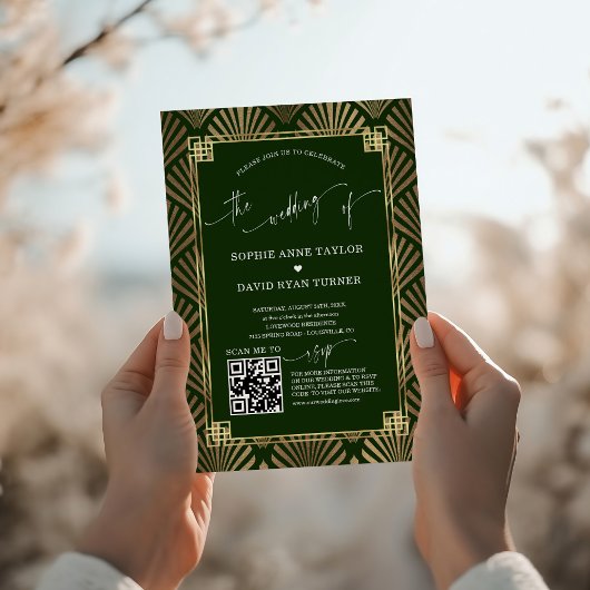 Luxury Gold Dark Green Art Deco 1920s Wedding Kaart