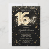 Luxury Gold Diamonds Stars Black Sweet 16 Kaart (Voorkant)