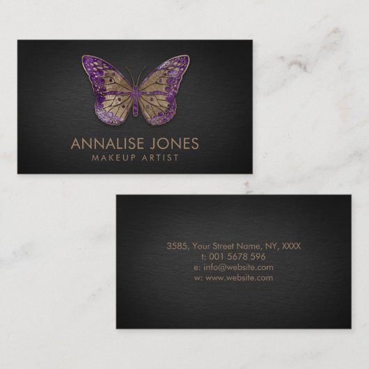 Luxury Gold en Amethyst Butterfly op Black Slate Visitekaartje (Voorkant / Achterkant)