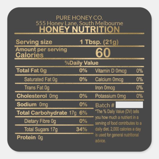 Luxury Gold en Black Honey Nutritional Label (Voorkant)