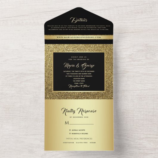 Luxury Gold en Black Wedding All In One Uitnodiging (Binnen)