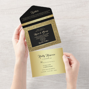 Luxury Gold en Black Wedding All In One Uitnodiging