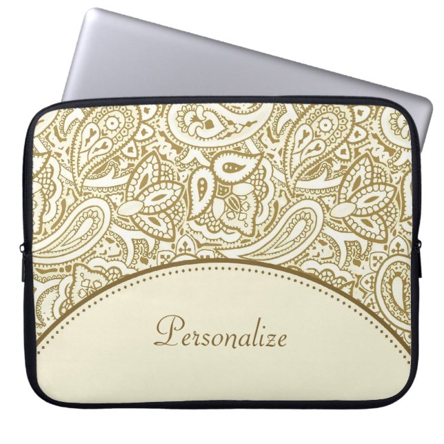 Luxury Gold en ivoor Paisley Damask met naam Laptop Sleeve (Voorkant)