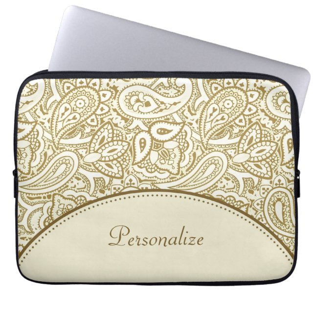 Luxury Gold en ivoor Paisley Damask met naam Laptop Sleeve (Voorkant)