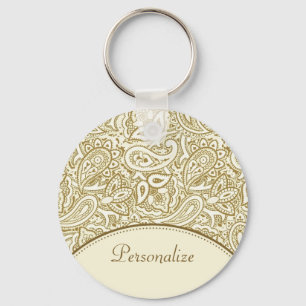 Luxury Gold en ivoor Paisley Damask met naam Sleutelhanger