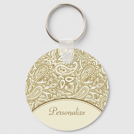 Luxury Gold en ivoor Paisley Damask met naam Sleutelhanger (Voorkant)