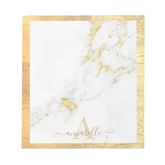 Luxury Gold en White Marble Folie Name Monogram Notitieblok (Voorkant)